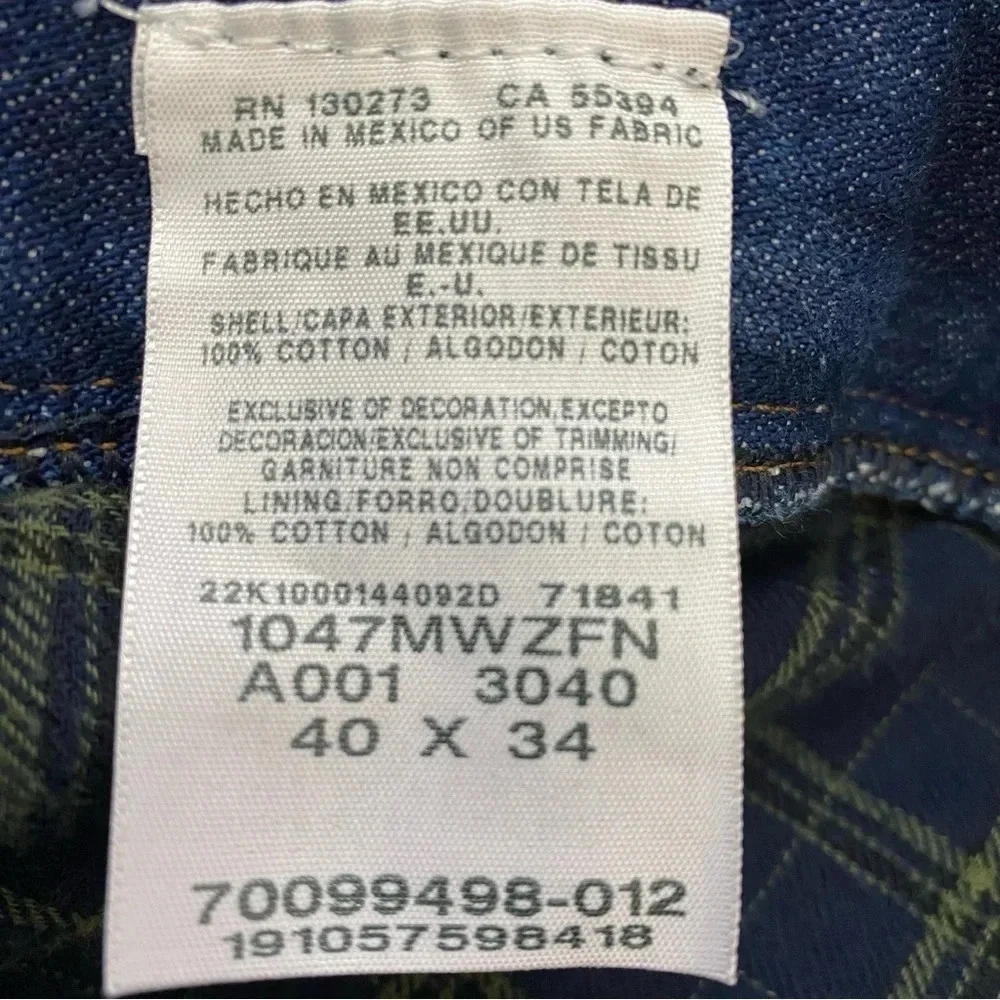 Wrangler Mens Regular Fit Plaid lined Jeans Size 40X34